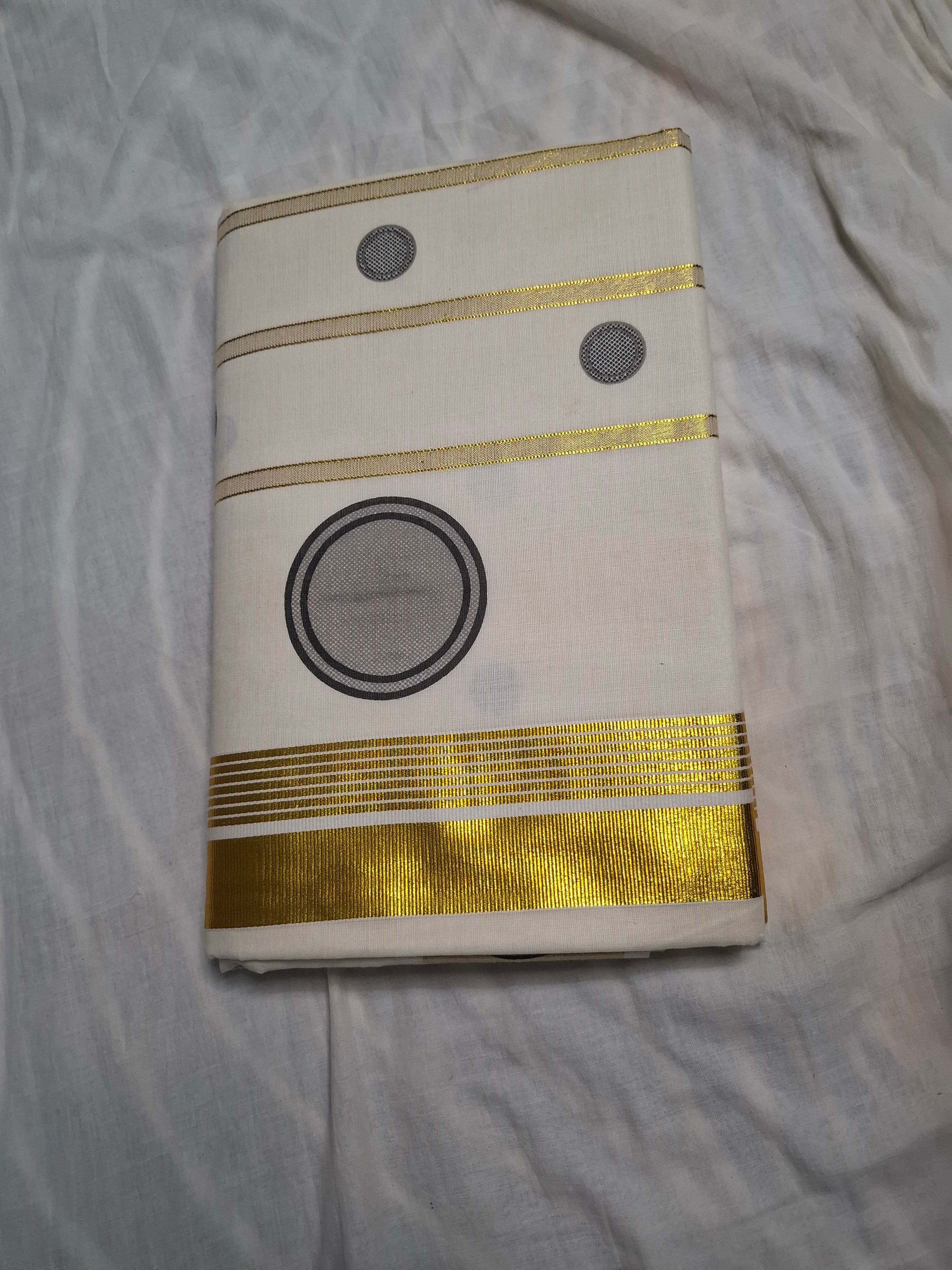 Kerala Kasavu Saree with Circle Motif and Gold Zari Border