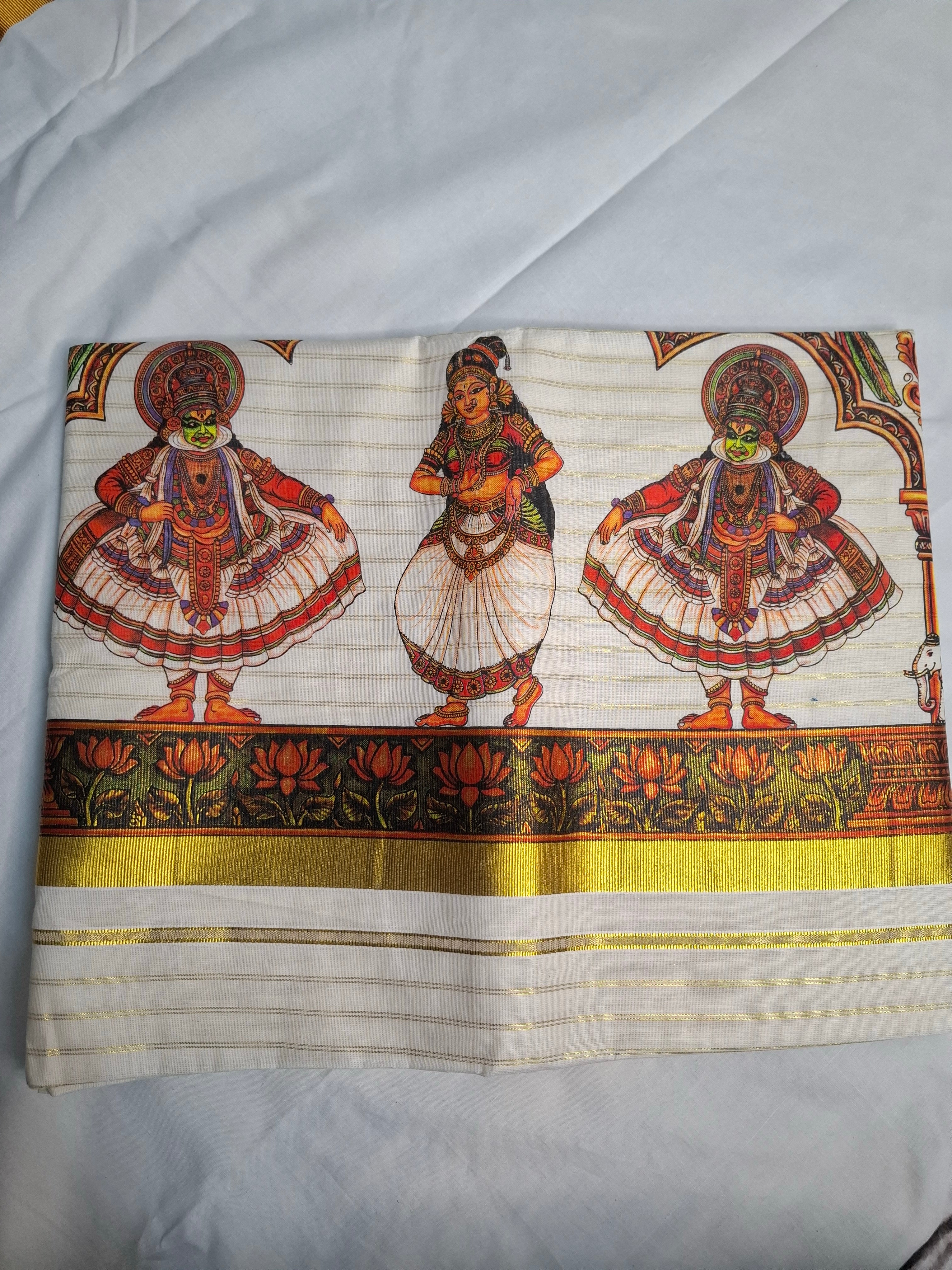 Kerala Kathakali Mural Print Saree with Gold Kasavu Border