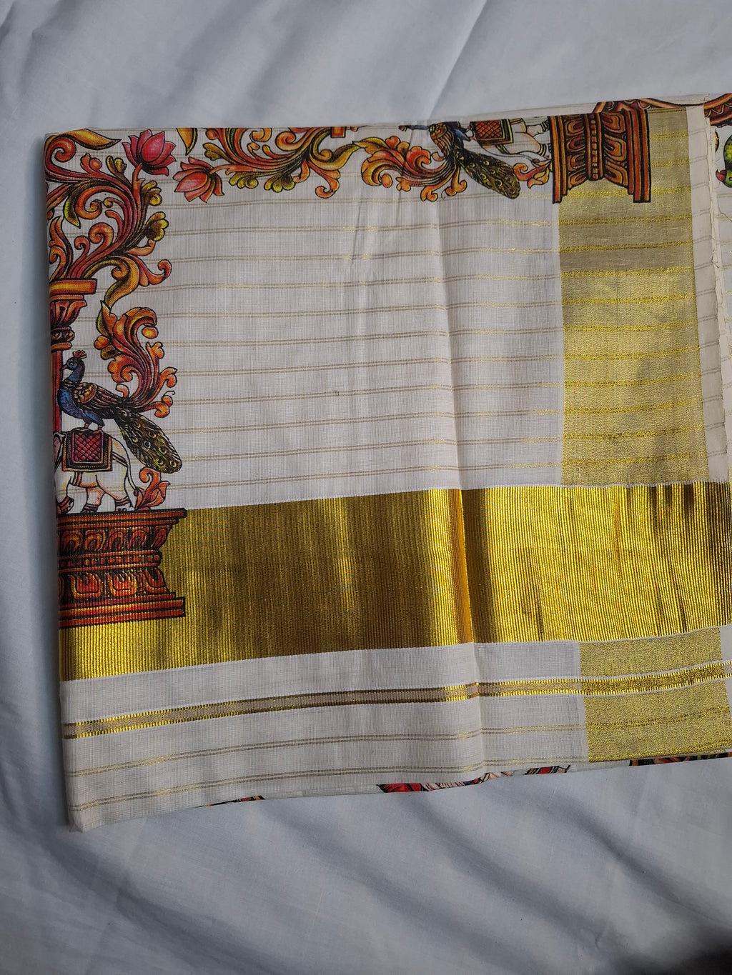 Kerala Kathakali Mural Print Saree with Gold Kasavu Border