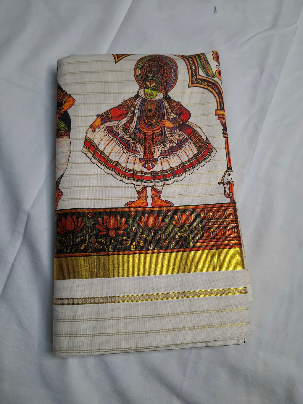 Kerala Kathakali Mural Print Saree with Gold Kasavu Border
