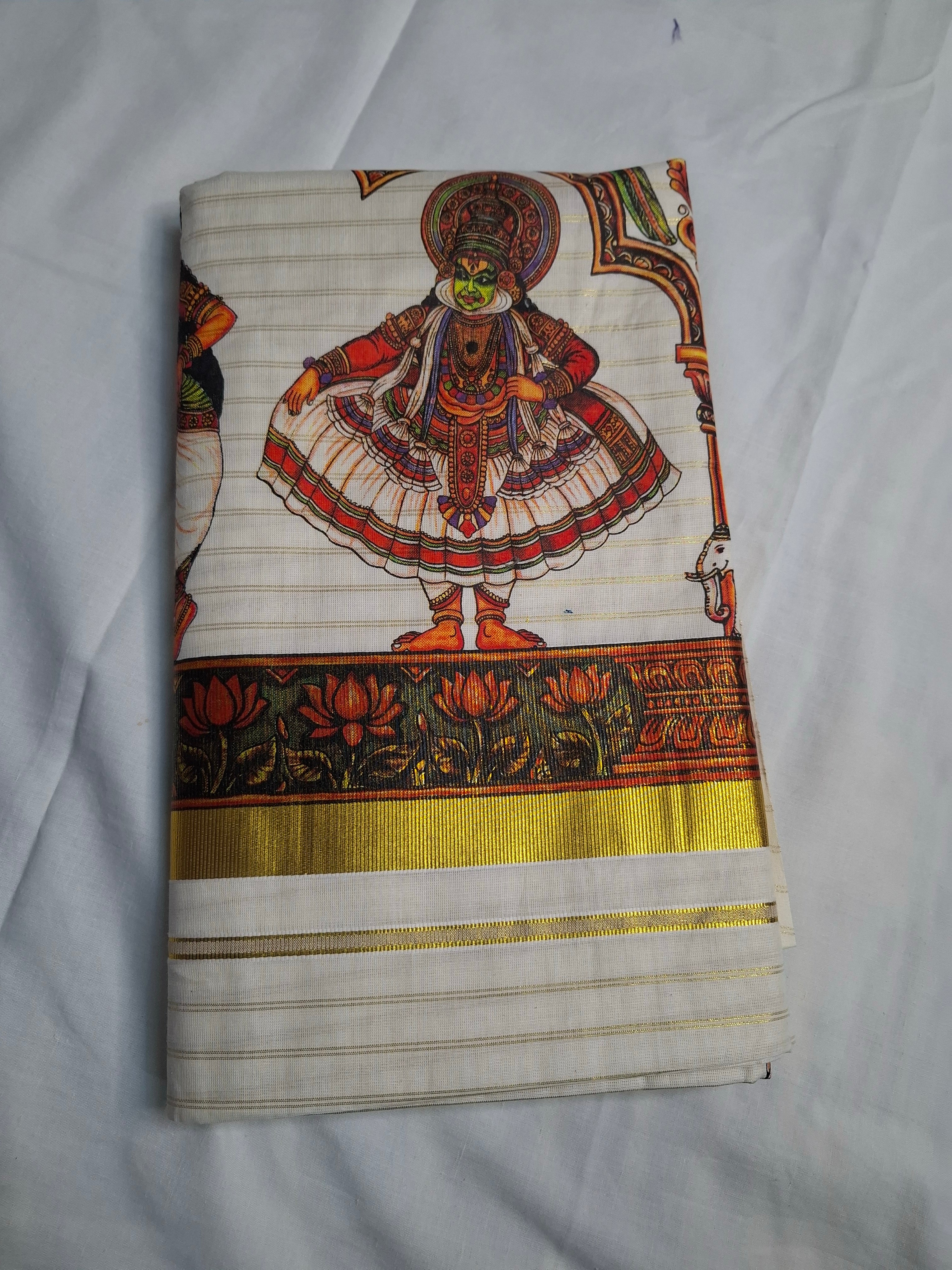 Kerala Kathakali Mural Print Saree with Gold Kasavu Border