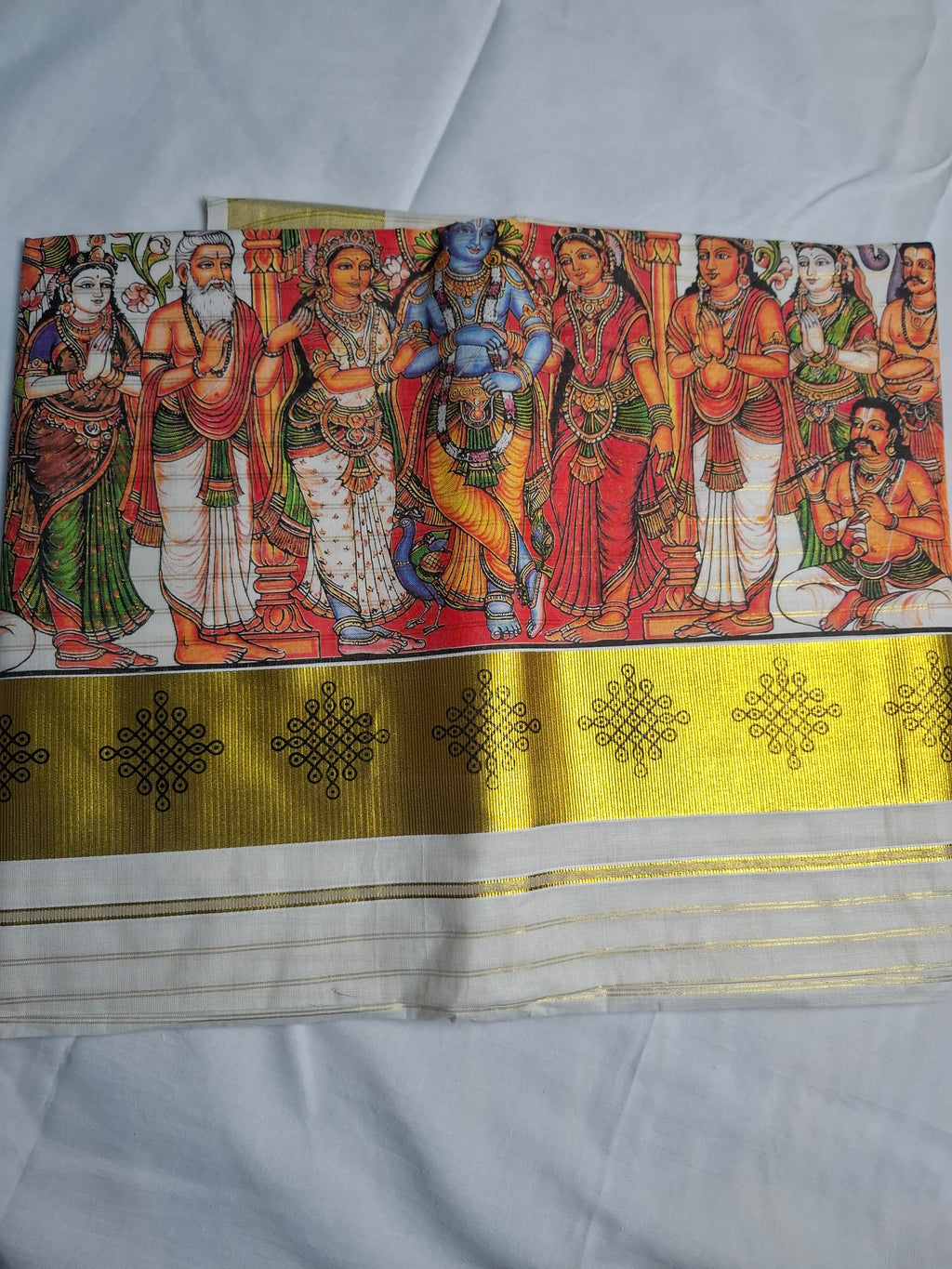 Kerala Mural Print Saree – Krishna Theme with Gold Kasavu Border
