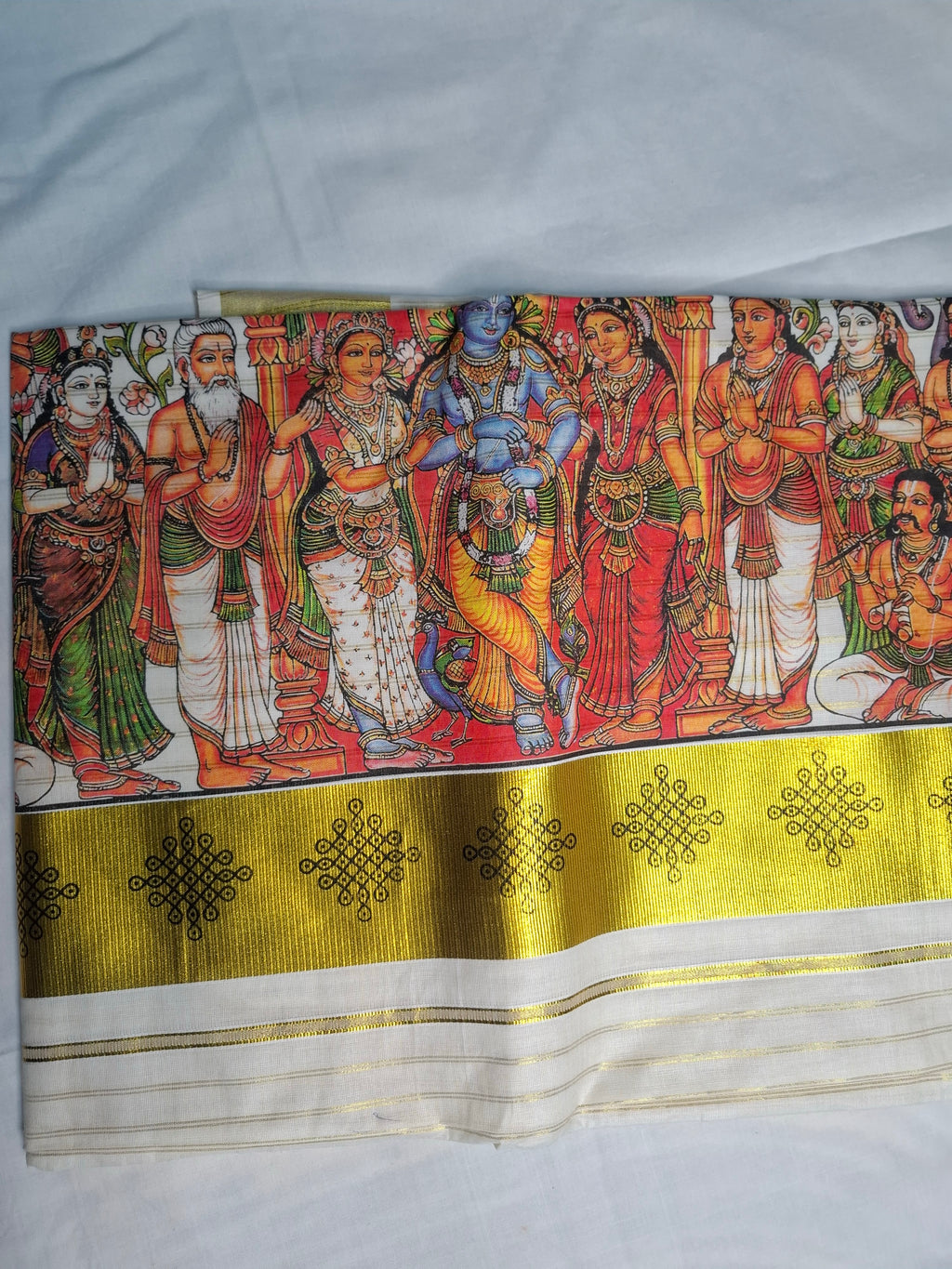 Kerala Mural Print Saree – Krishna Theme with Gold Kasavu Border