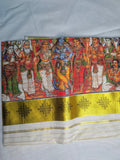 Kerala Mural Print Saree – Krishna Theme with Gold Kasavu Border