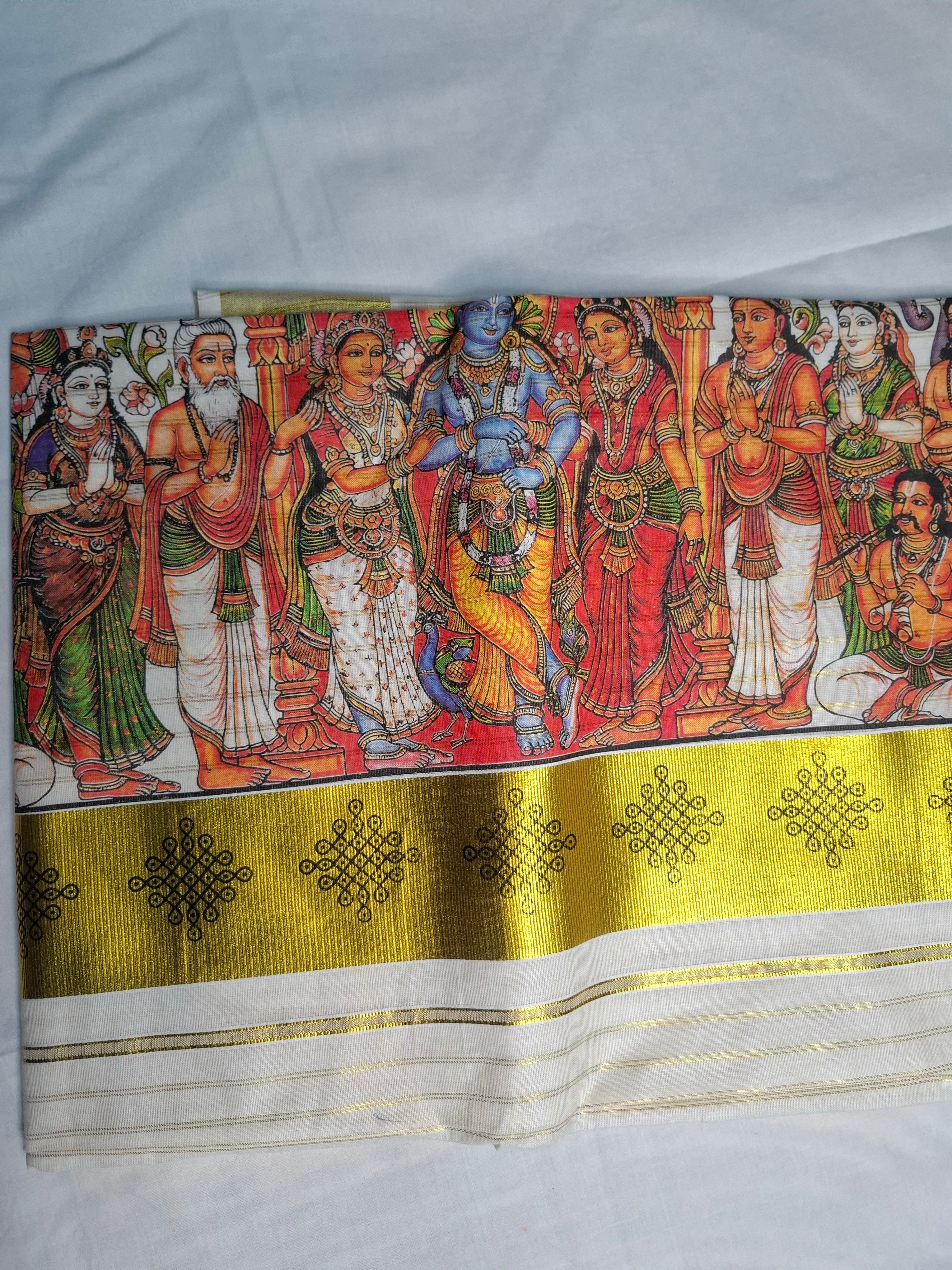 Kerala Mural Print Saree – Krishna Theme with Gold Kasavu Border