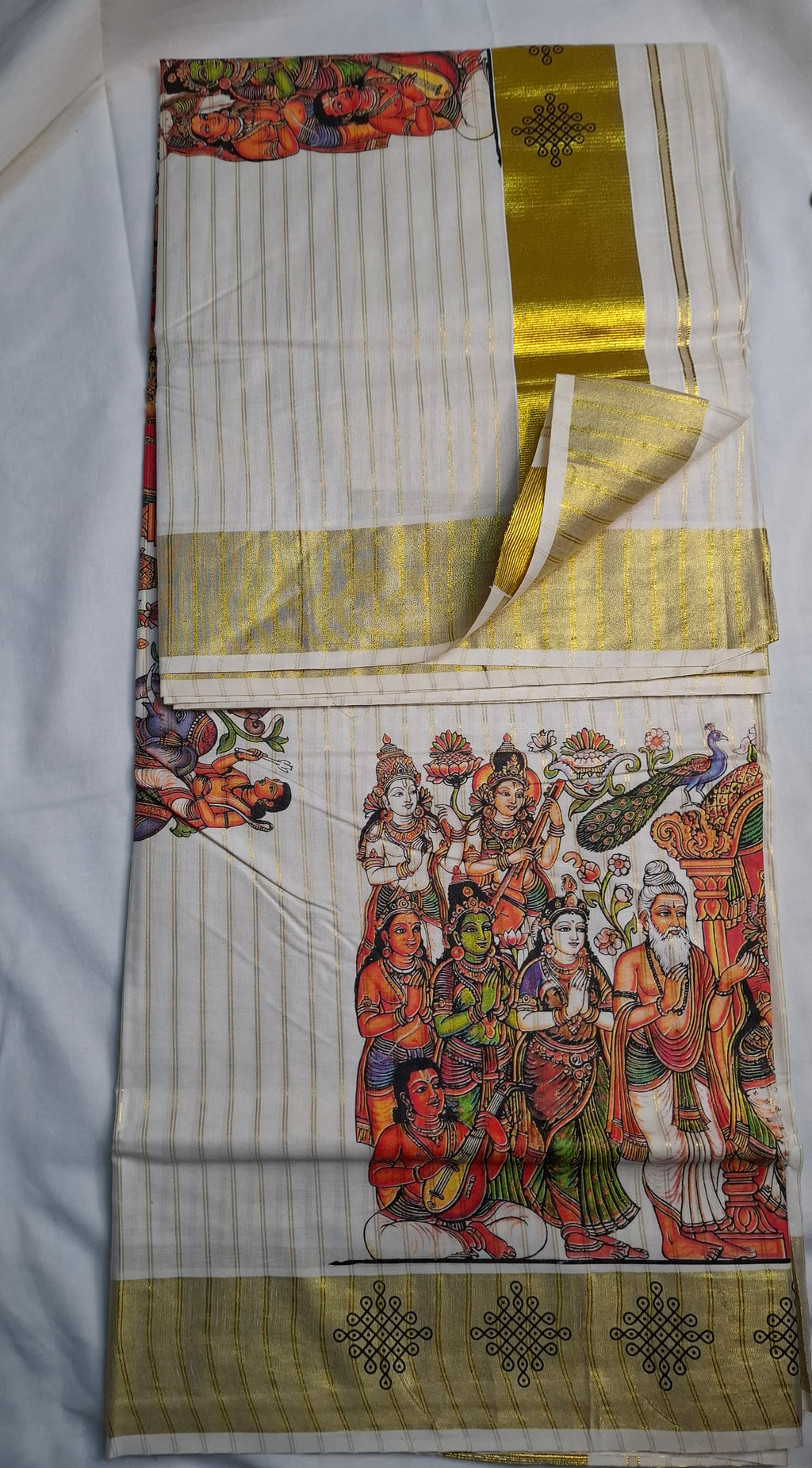 Kerala Mural Print Saree – Krishna Theme with Gold Kasavu Border