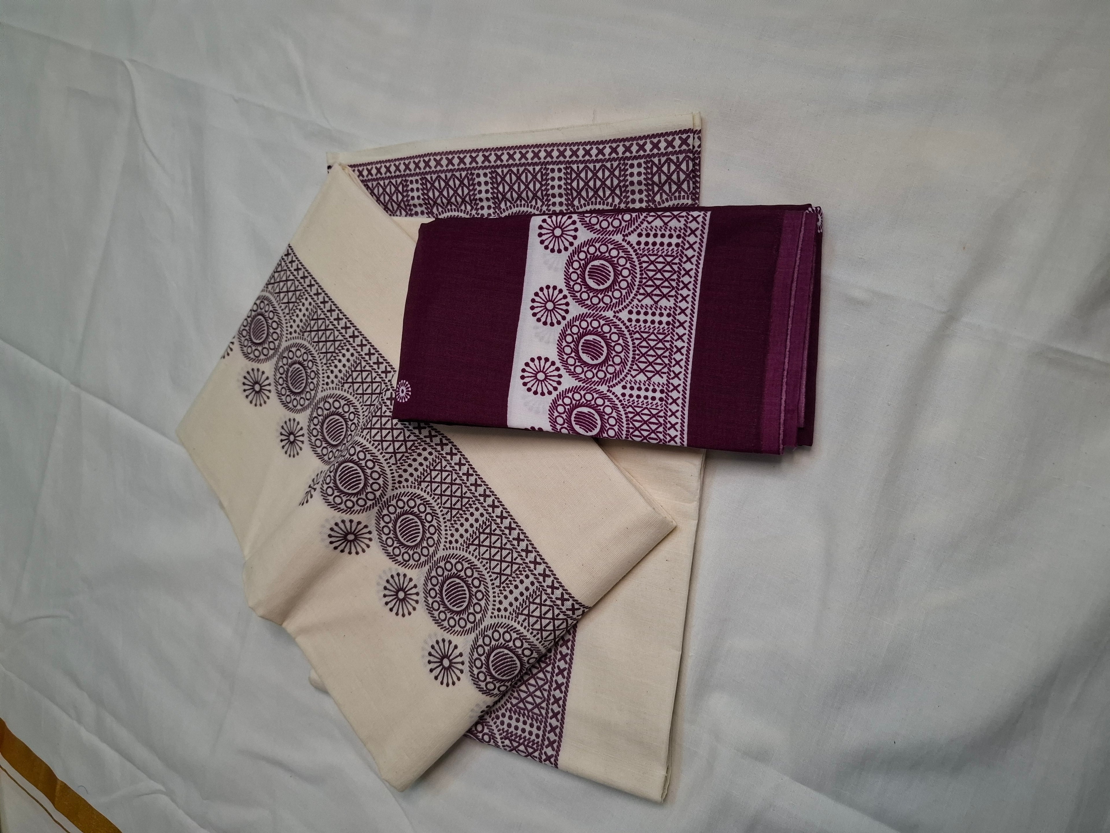 Kerala Kasavu Settu Mundu – Cream & Wine Block Print