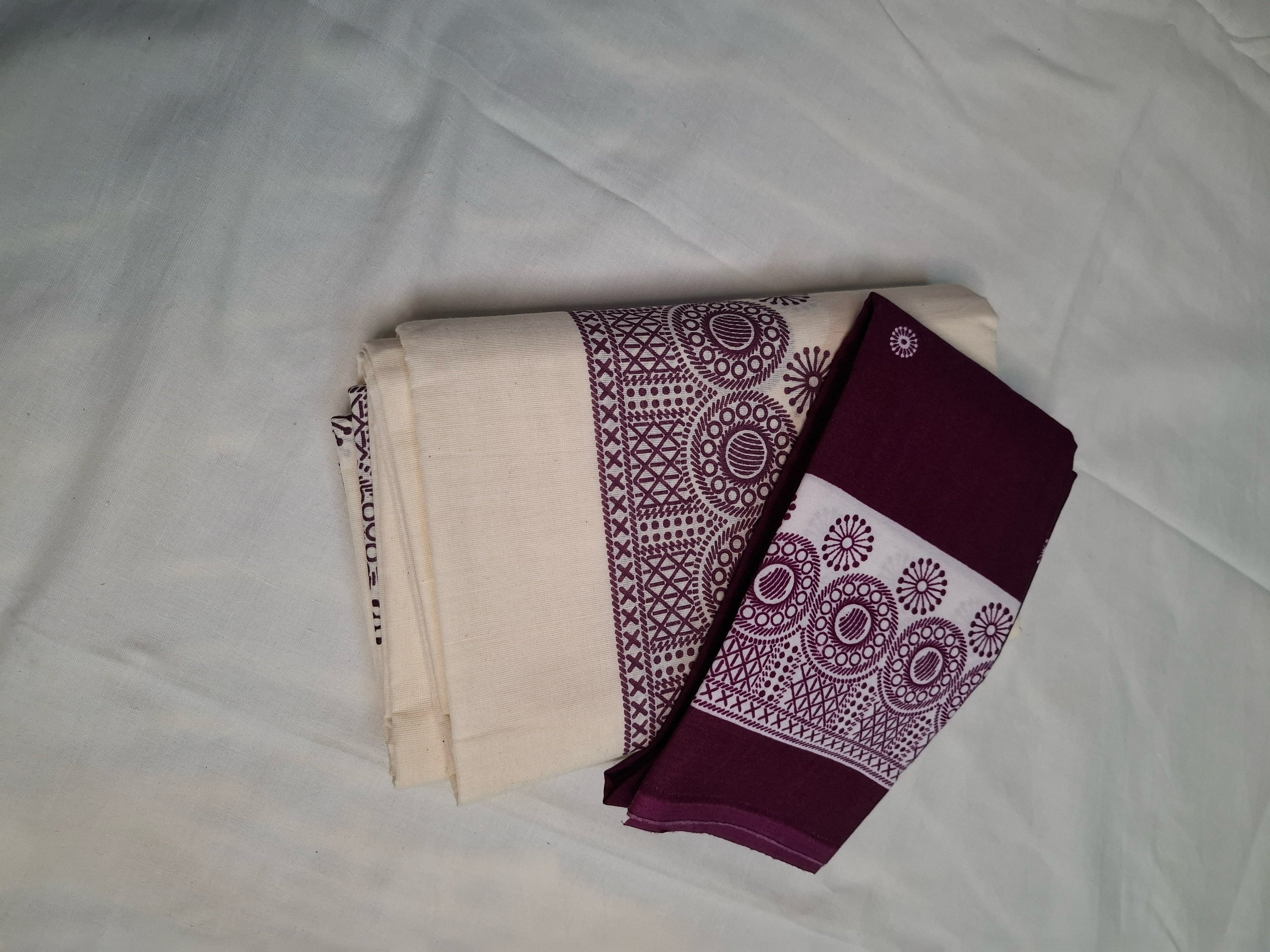 Kerala Kasavu Settu Mundu – Cream & Wine Block Print
