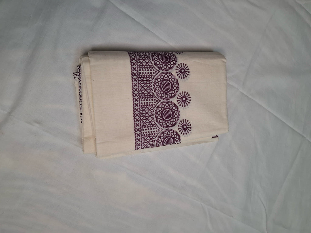 Kerala Kasavu Settu Mundu – Cream & Wine Block Print