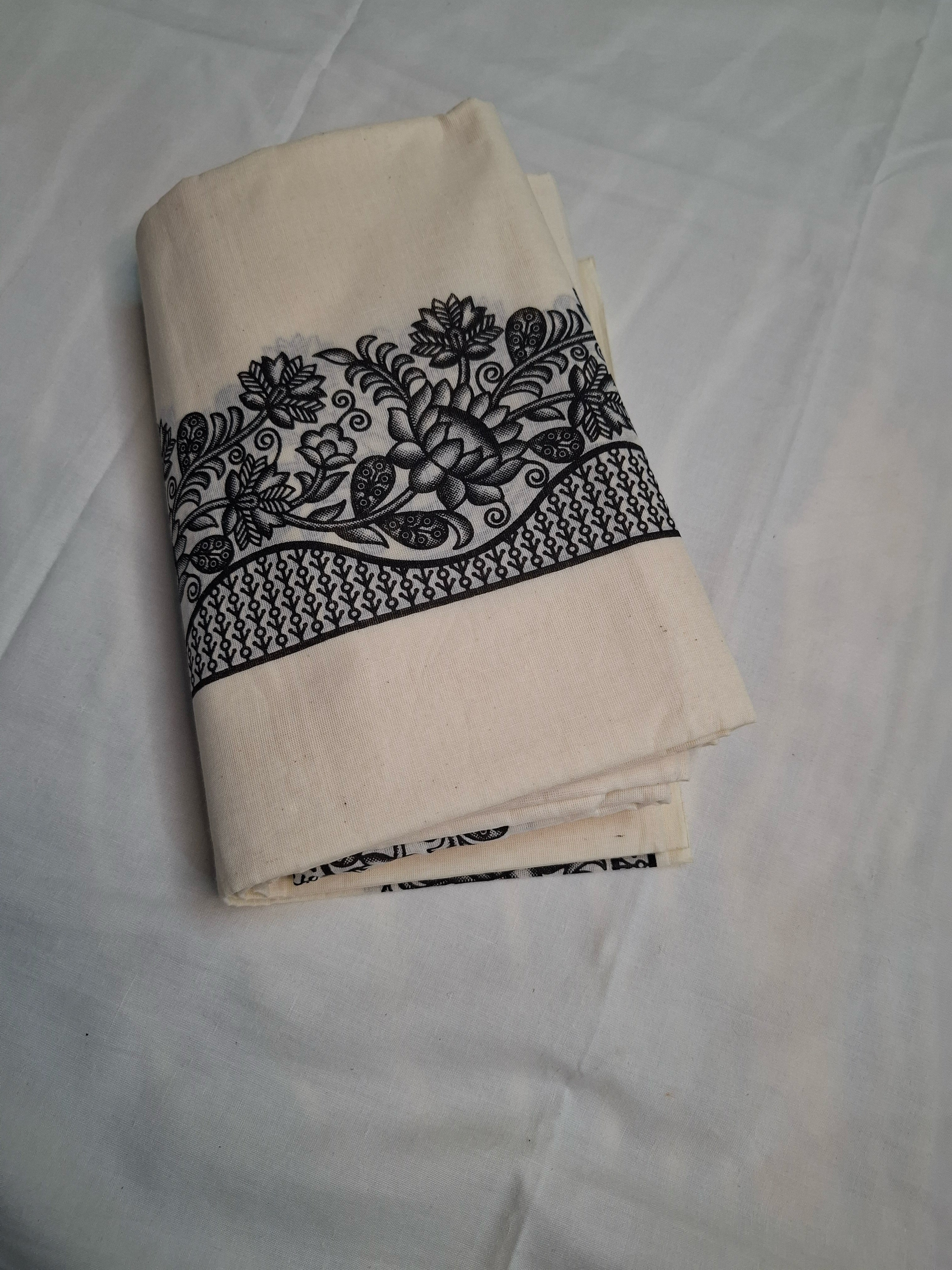 Kerala Settu Mundu with Design Border & Black Blouse Piece