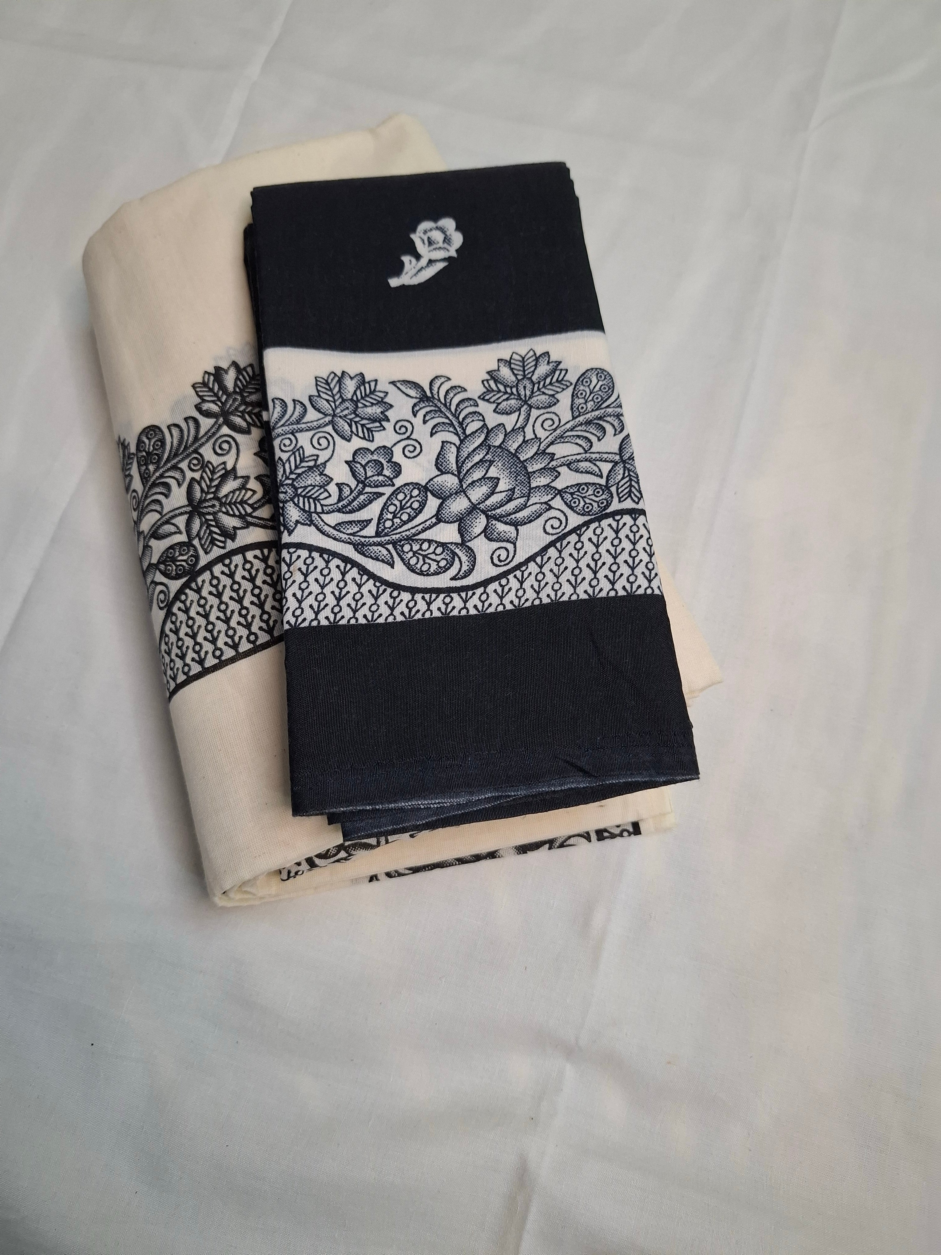 Kerala Settu Mundu with Design Border & Black Blouse Piece