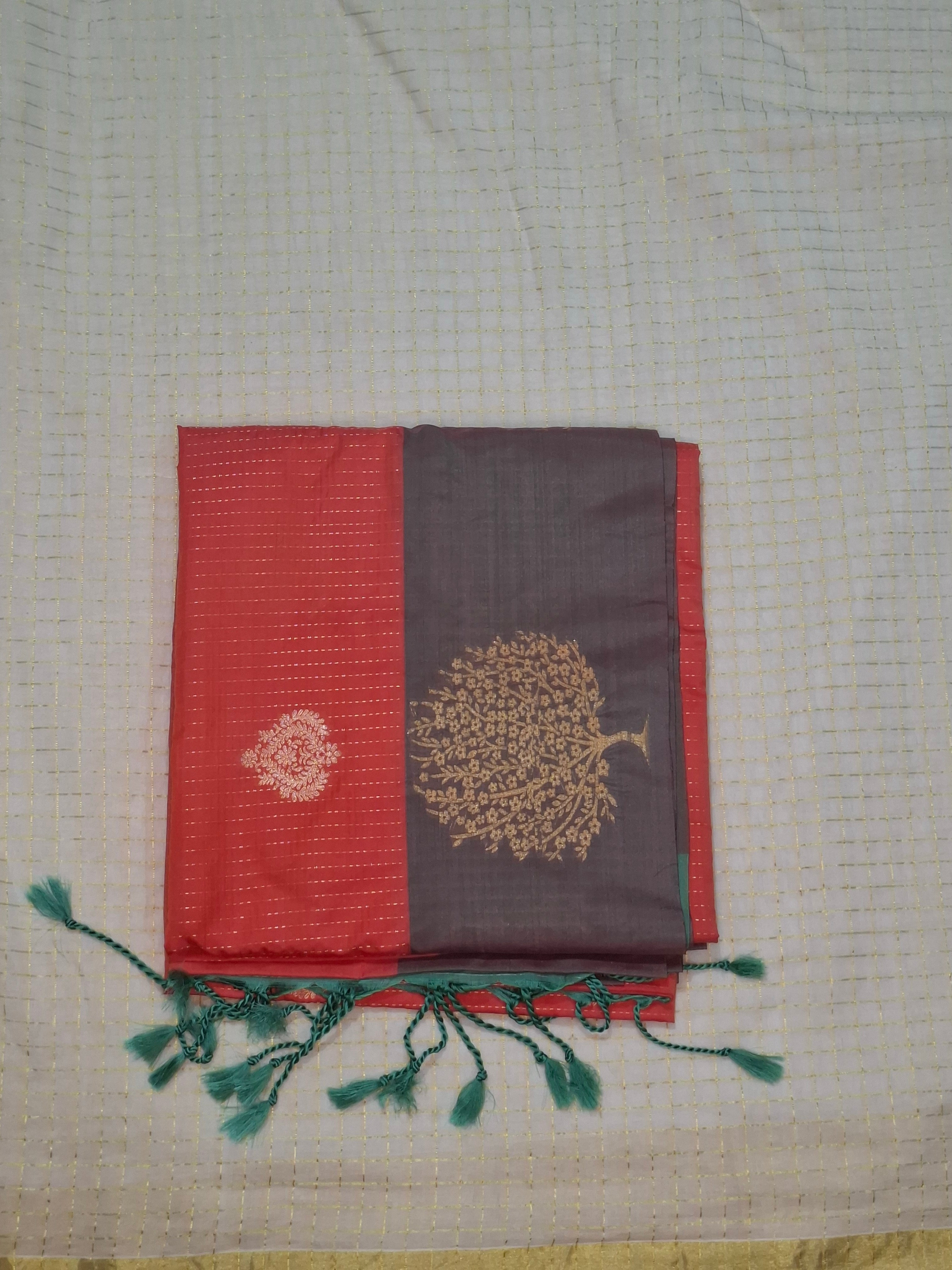 Dual-Tone Silk Saree with Zari Buta and Tassels