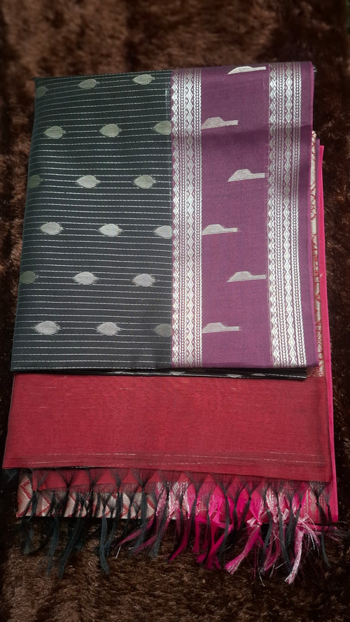 Black Cotton Silk Saree with Maroon Pallu and Blouse/CS001