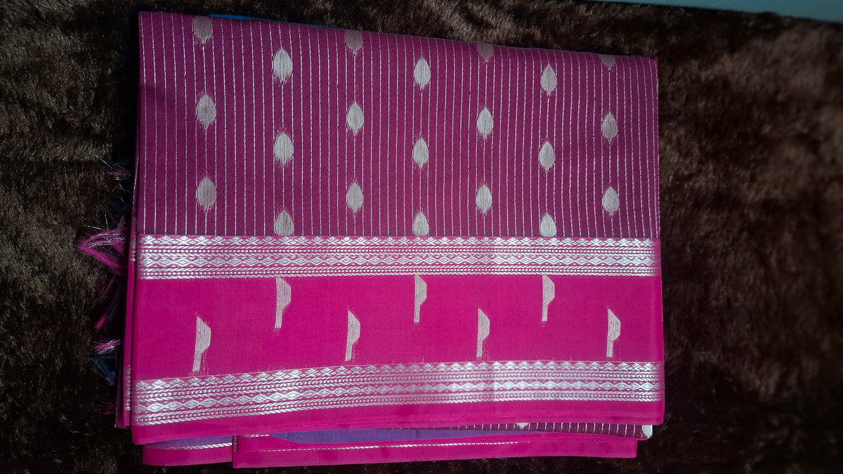 Dark Pink Cotton Silk Saree with Blue Pallu and Blouse /CS003