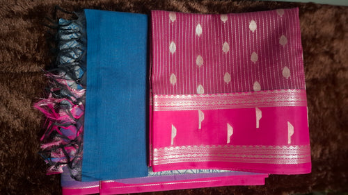 Dark Pink Cotton Silk Saree with Blue Pallu and Blouse /CS003