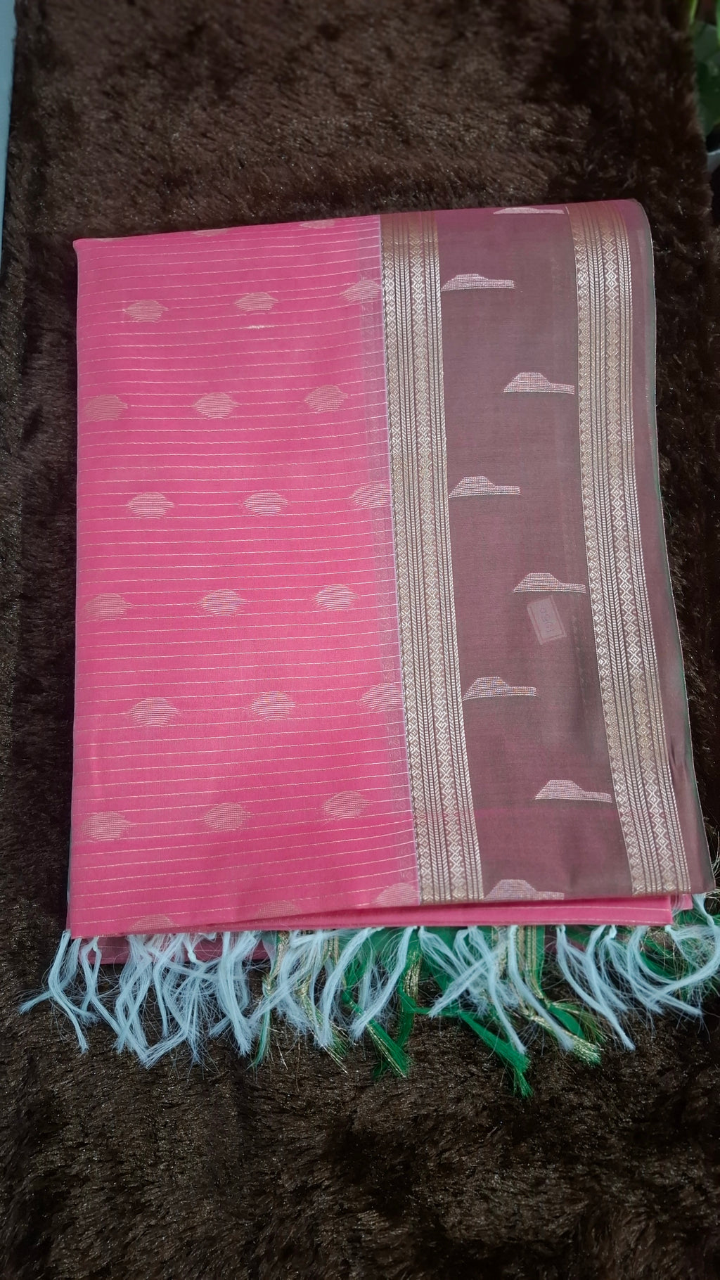 Peach Cotton Silk Saree with Green Pallu and Blouse /CS004