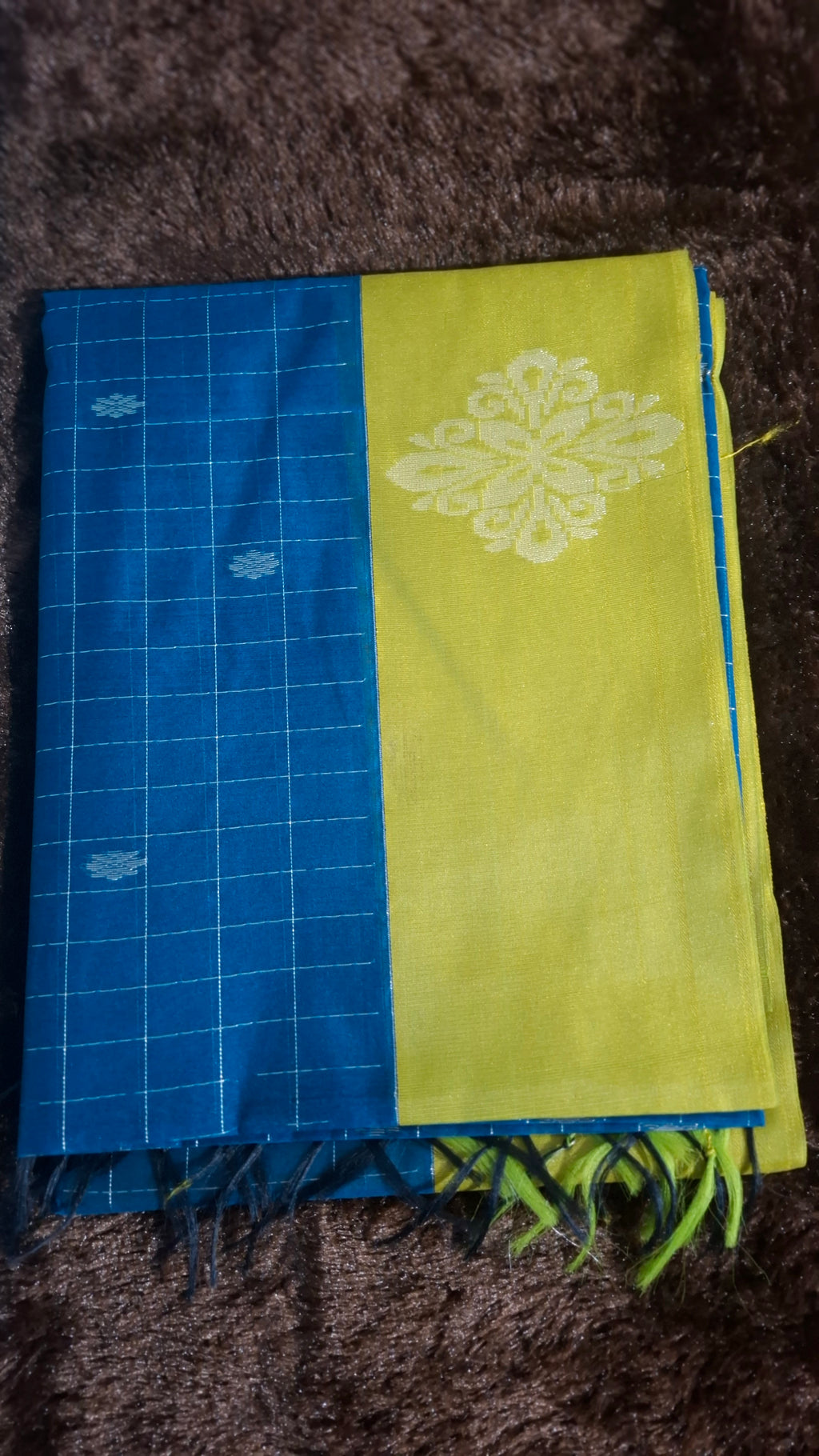 Blue Checked Cotton Silk Saree with Lime Green Contrast | CS007