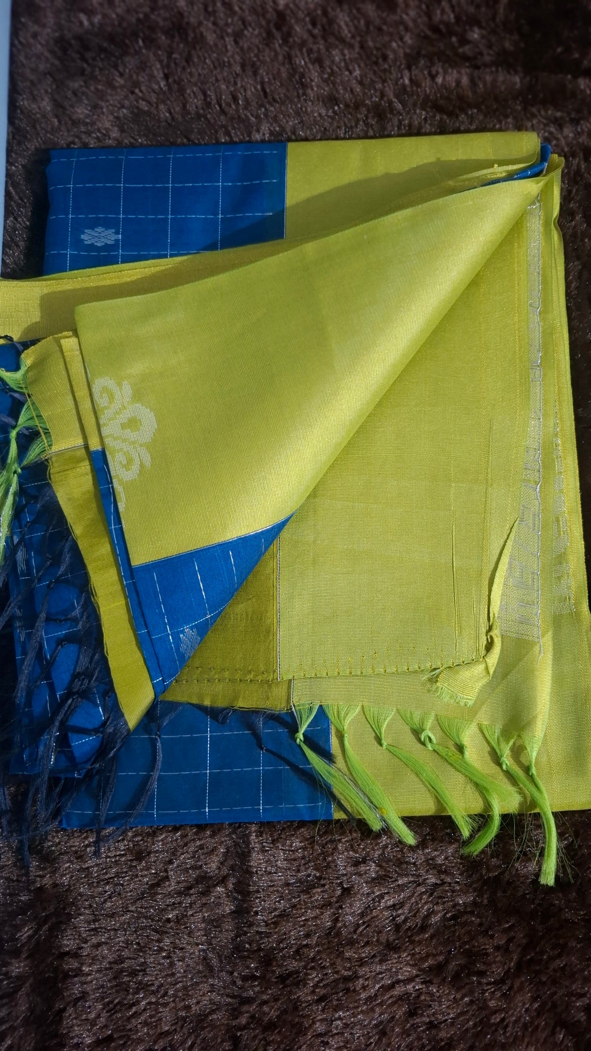 Blue Checked Cotton Silk Saree with Lime Green Contrast | CS007