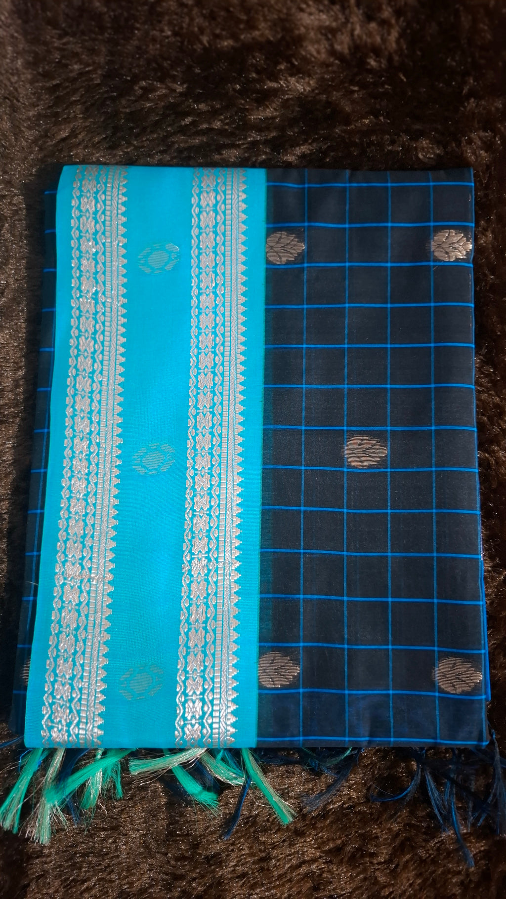 Black Cotton Silk Saree with Dark Blue Checks | CS006