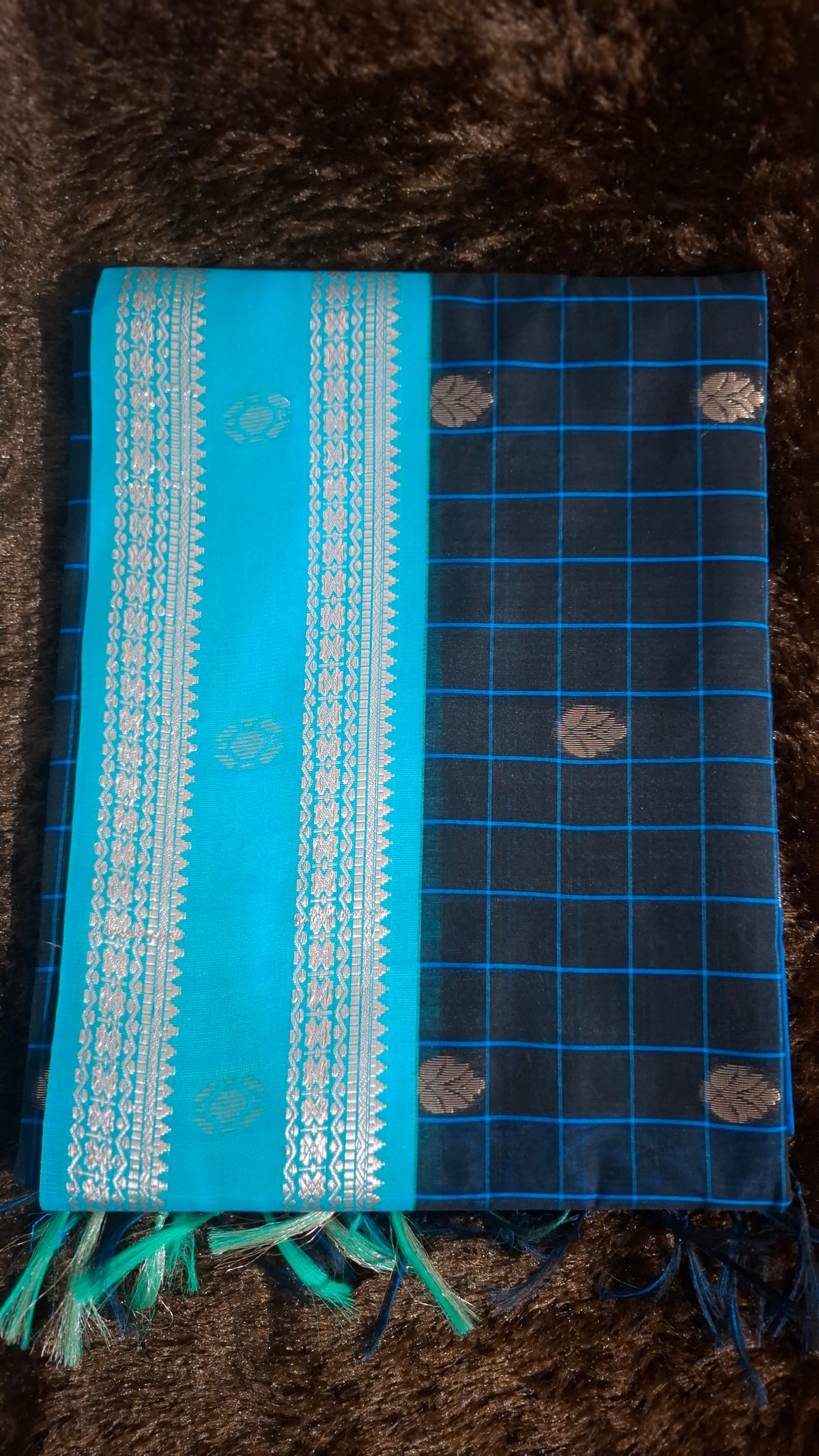 Black Cotton Silk Saree with Dark Blue Checks | CS006