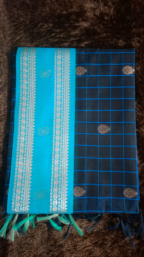 Black Cotton Silk Saree with Dark Blue Checks | CS006