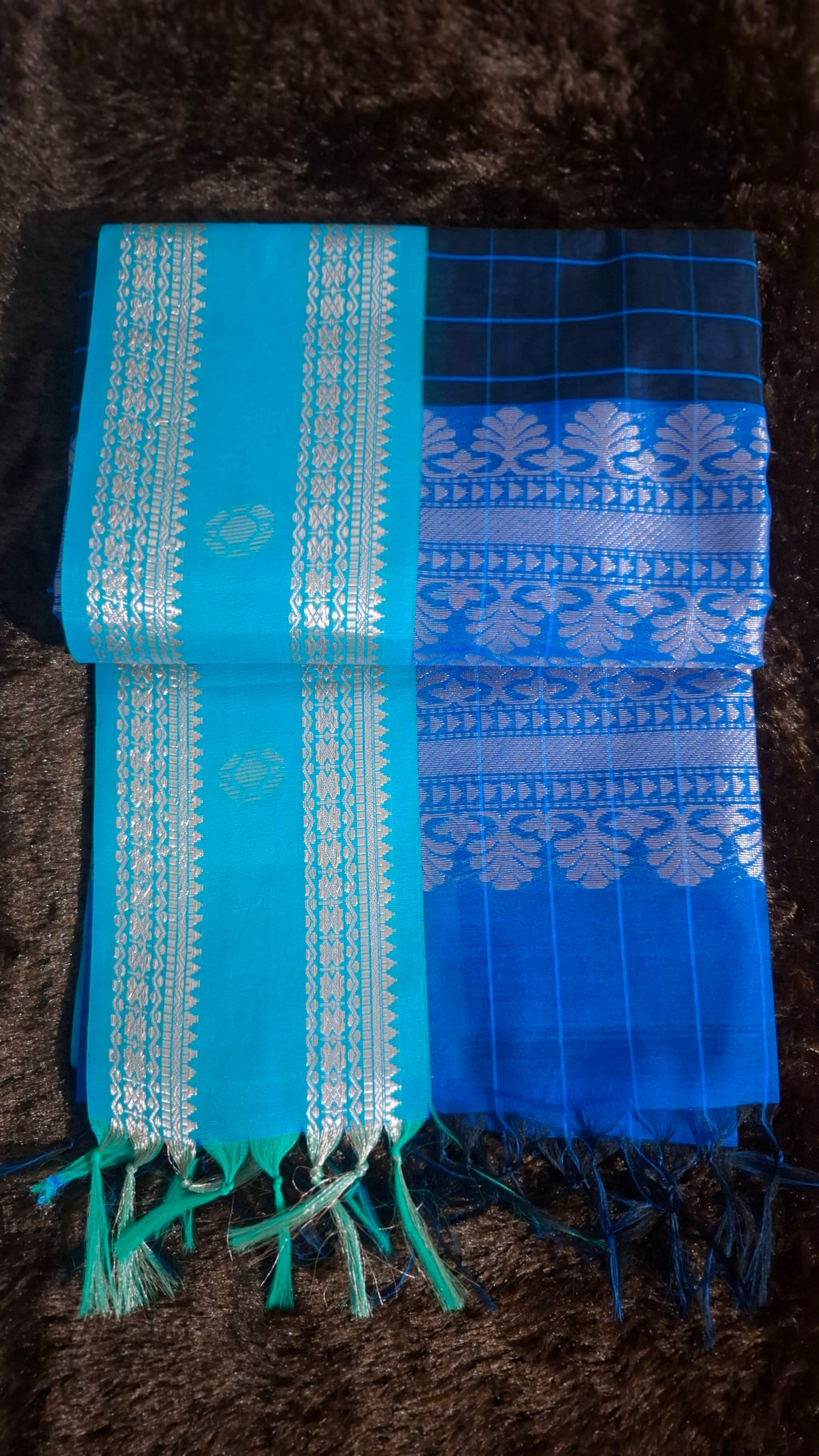 Black Cotton Silk Saree with Dark Blue Checks | CS006