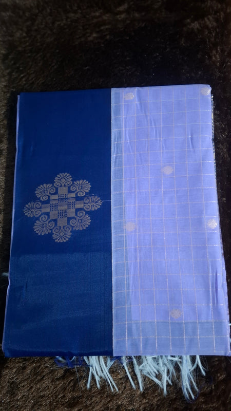 Lavender and navy blue cotton silk saree with fine checks, metallic-tone motifs and tassels