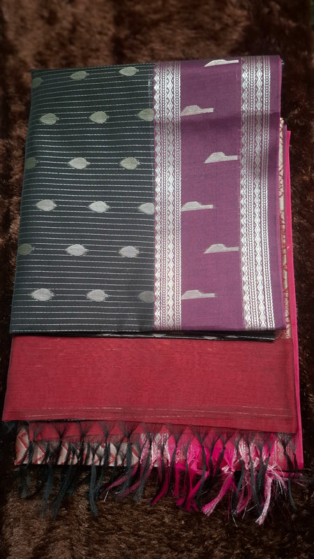 Dark green cotton silk saree with silver-tone stripes and motifs, maroon pallu and blouse piece